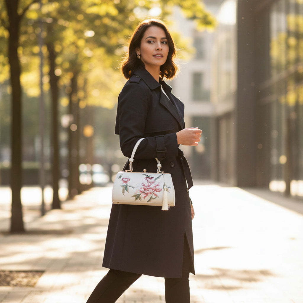 Designer Floral Handbag | White Vintage Embroidered Peony Barrel Bag with Tassel