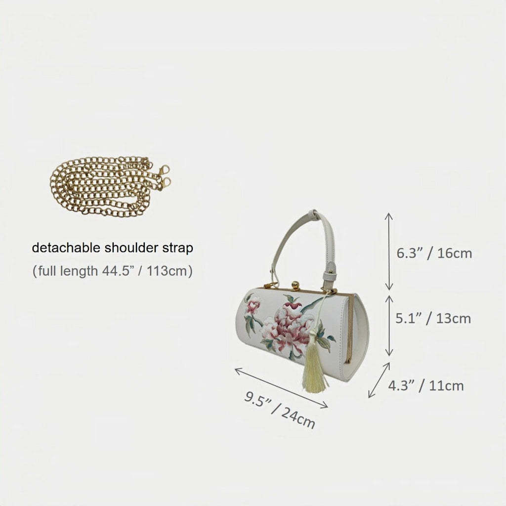 Designer Floral Handbag | White Vintage Embroidered Peony Barrel Bag with Tassel