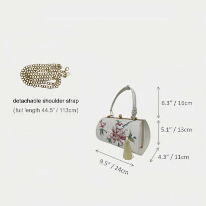 Designer Floral Handbag | White Vintage Embroidered Peony Barrel Bag with Tassel
