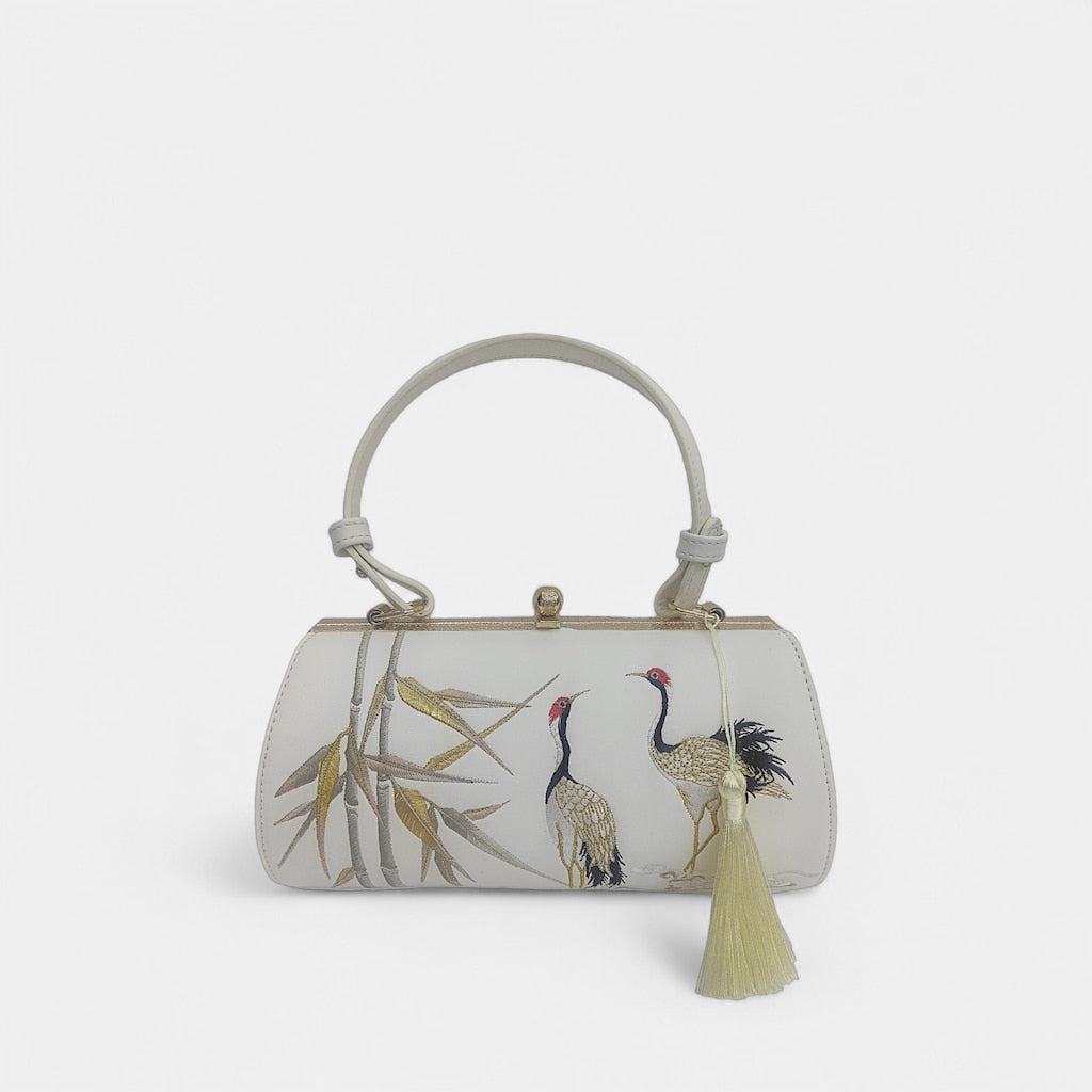Designer Crane Handbag | White Vintage Embroidered Bamboo & Crane Clutch Bag with Tassel