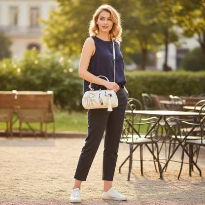 Designer Crane Handbag | White Vintage Embroidered Bamboo & Crane Clutch Bag with Tassel