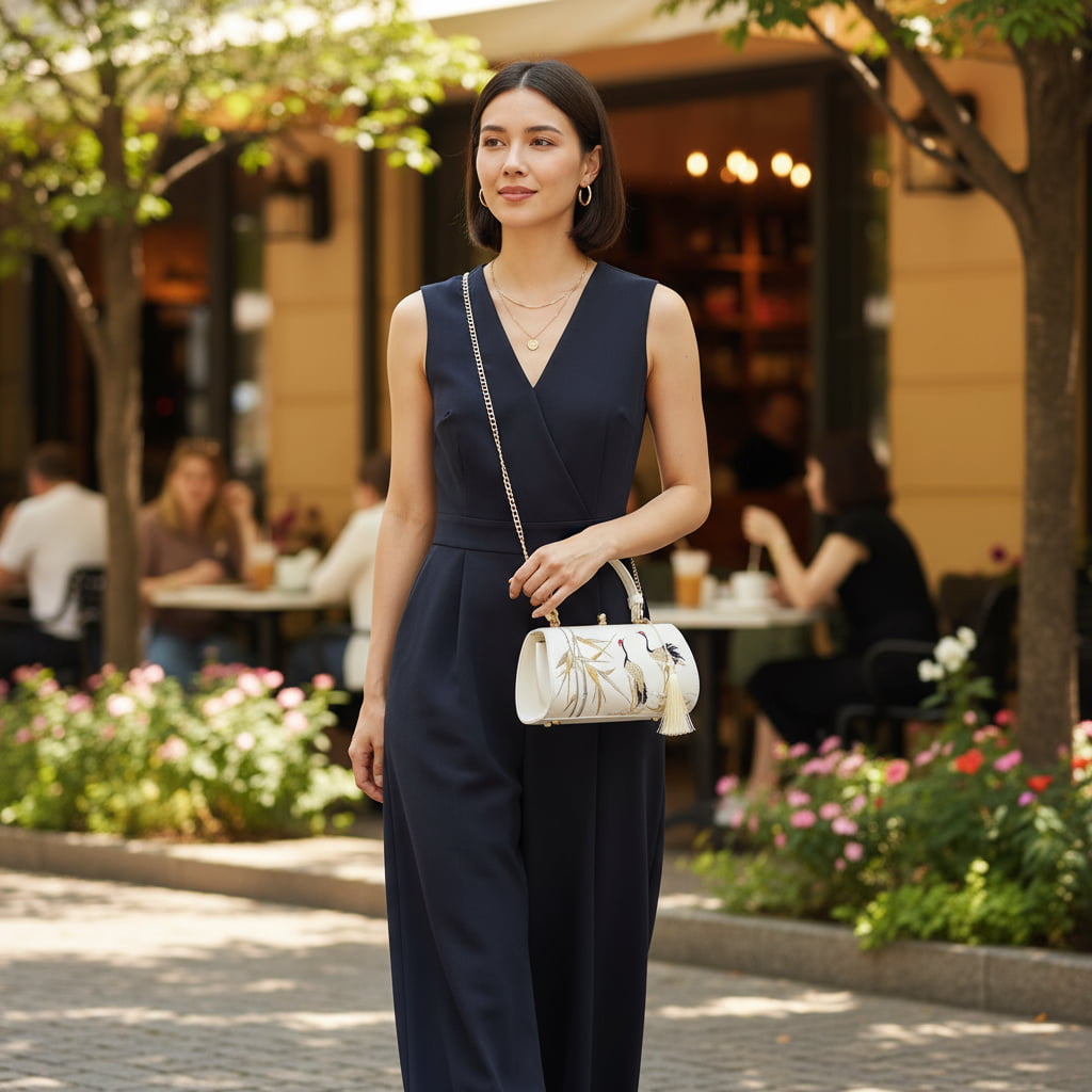 Designer Crane Handbag | White Vintage Embroidered Bamboo & Crane Clutch Bag with Tassel