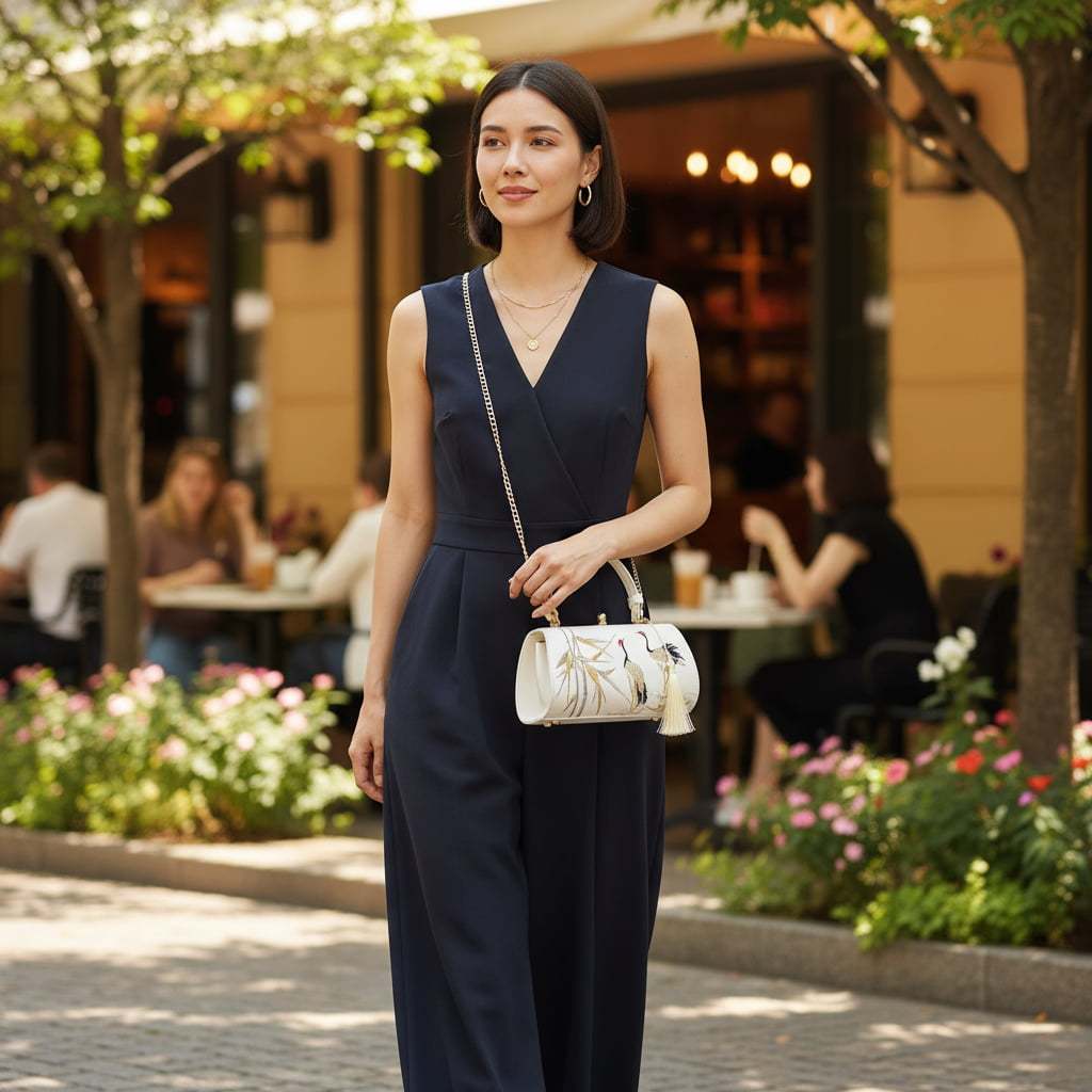 Designer Crane Handbag | White Vintage Embroidered Bamboo & Crane Clutch Bag with Tassel