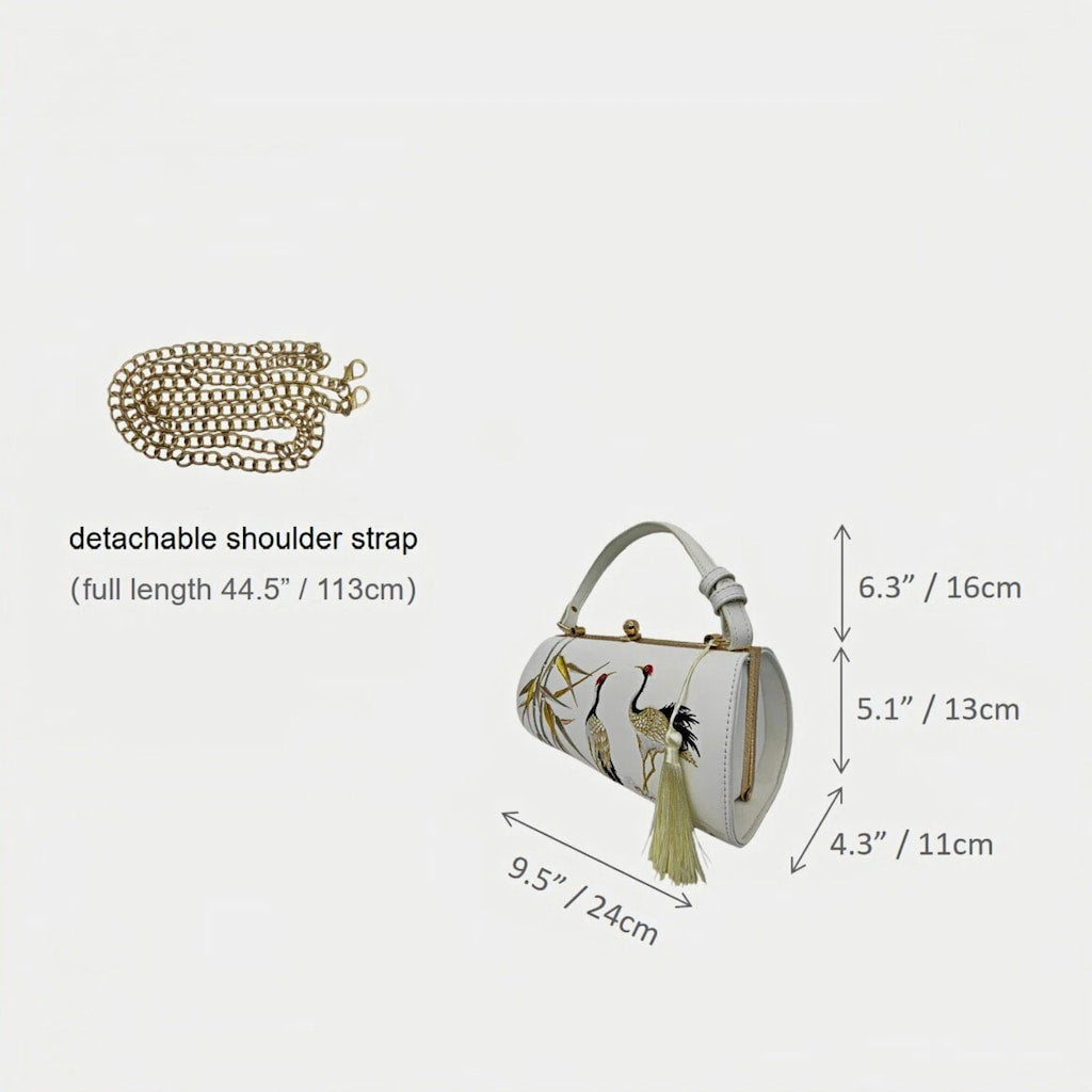 Designer Crane Handbag | White Vintage Embroidered Bamboo & Crane Clutch Bag with Tassel