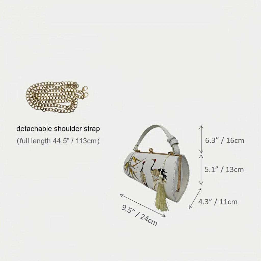 Designer Crane Handbag | White Vintage Embroidered Bamboo & Crane Clutch Bag with Tassel