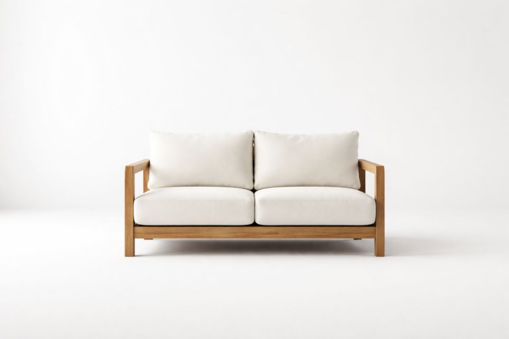 Divano in Legno Massello con Cuscini in Poliestere Bianco