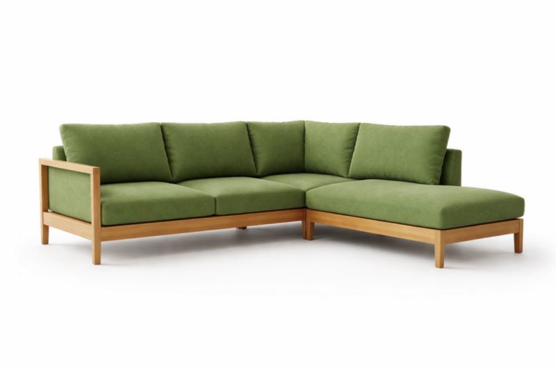 Divano ad angolo in legno e tessuto poliestere verde