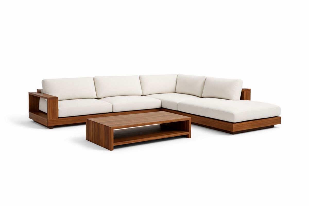Divano ad angolo in legno e tessuto crema con tavolino