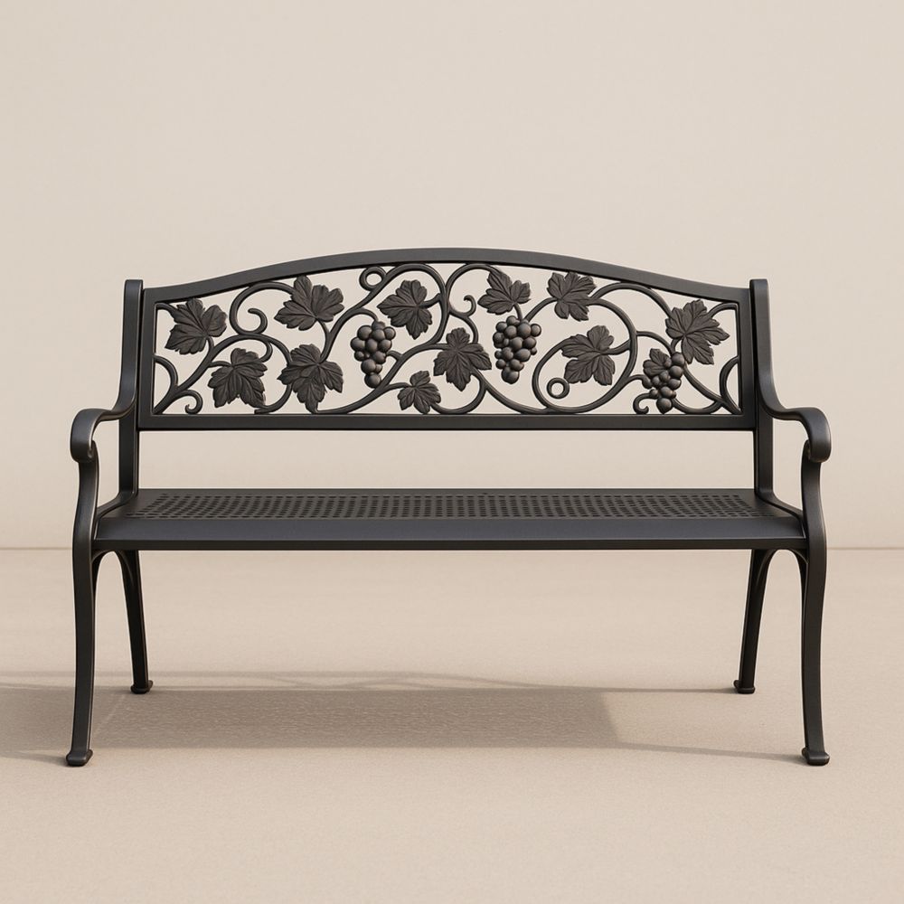 Panchina da Giardino in Alluminio Nero con Motivo a Foglie e Uva, Dimensioni 127x60x85 cm