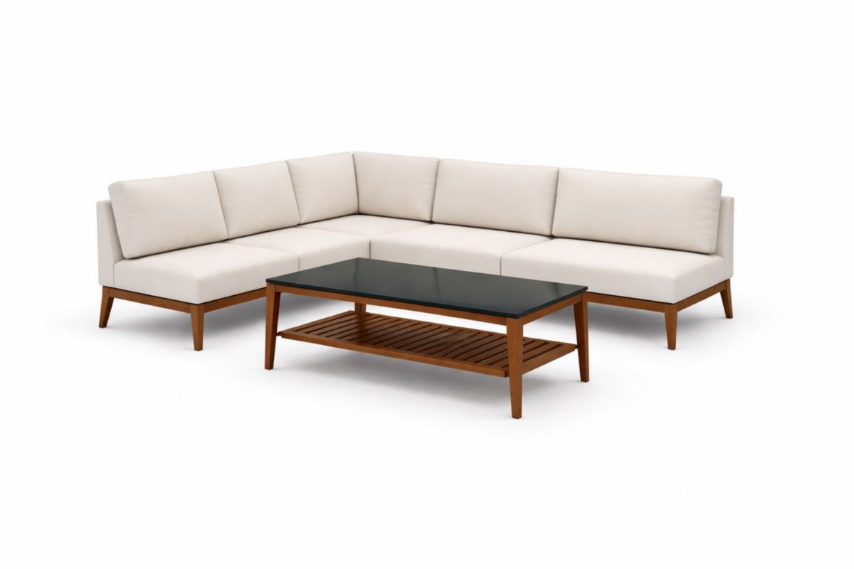 Divano ad Angolo in Legno e Tavolino con Superficie in Vetro Temperato Nero