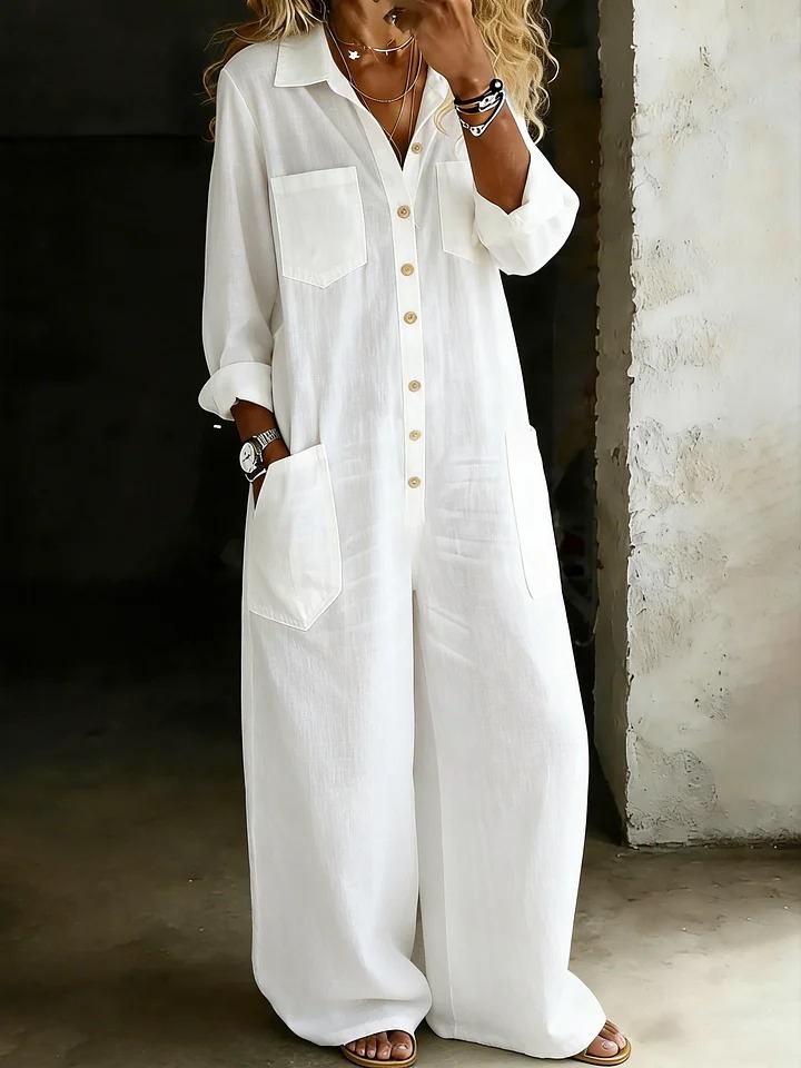 Women's Solid Color Cozy Casual Cotton and Linen Shirt Jumpsuit