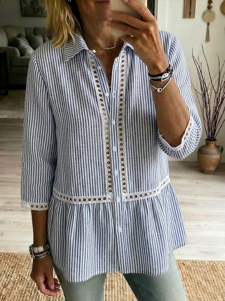 Casual Patchwork Cutout Webbing Stripe Linen-cotton Shirt