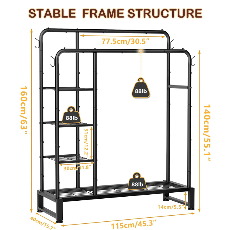 Double Rods Clothes Rack Clothing Rack with 4 Tier Storage Shelves Clothes Rack for Hanging Clothes Multifunctional Heavy Duty Clothes Organizer with Hooks for Bedroom,Wardrobe Closet,Shop