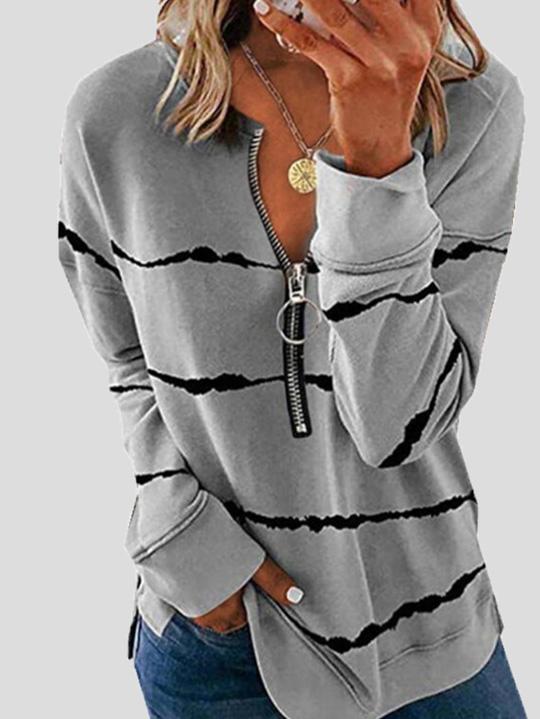 Women's T-Shirts Striped Zipper V-Neck Long Sleeve Loose T-Shirt