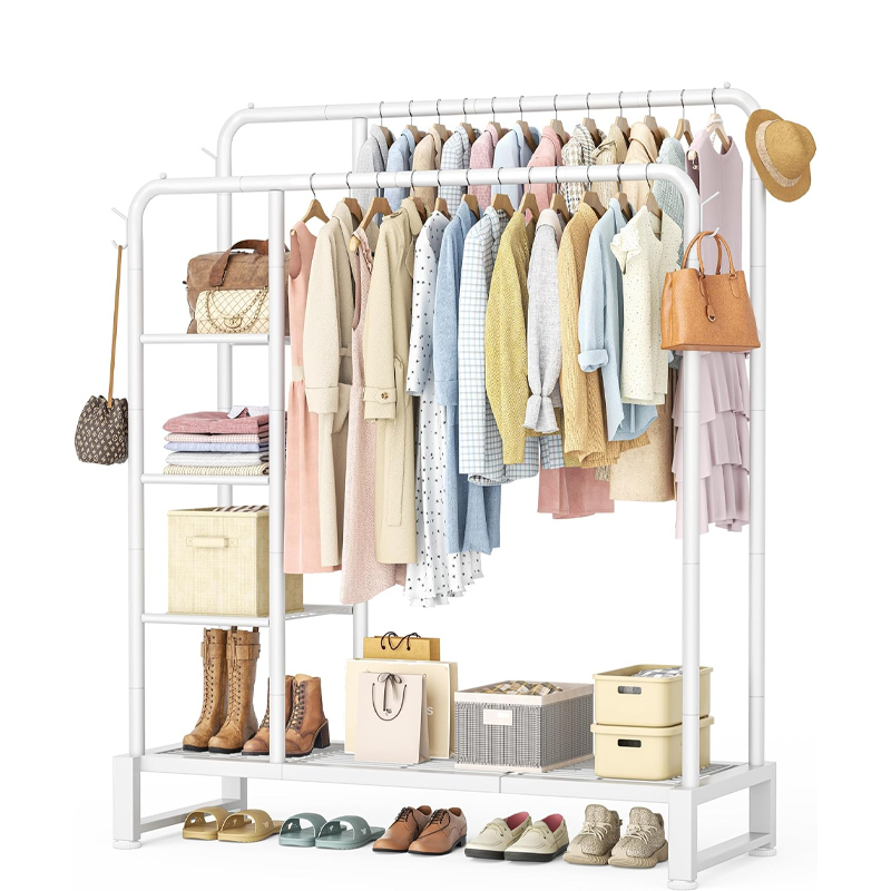 Double Rods Clothes Rack Clothing Rack with 4 Tier Storage Shelves Clothes Rack for Hanging Clothes Multifunctional Heavy Duty Clothes Organizer with Hooks for Bedroom,Wardrobe Closet,Shop