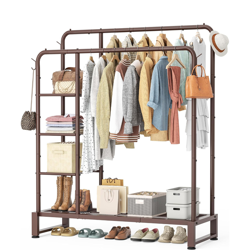 Double Rods Clothes Rack Clothing Rack with 4 Tier Storage Shelves Clothes Rack for Hanging Clothes Multifunctional Heavy Duty Clothes Organizer with Hooks for Bedroom,Wardrobe Closet,Shop