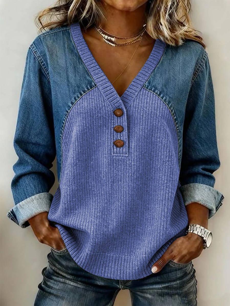 Women's Retro Casual Denim And Cotton Knit Sweater