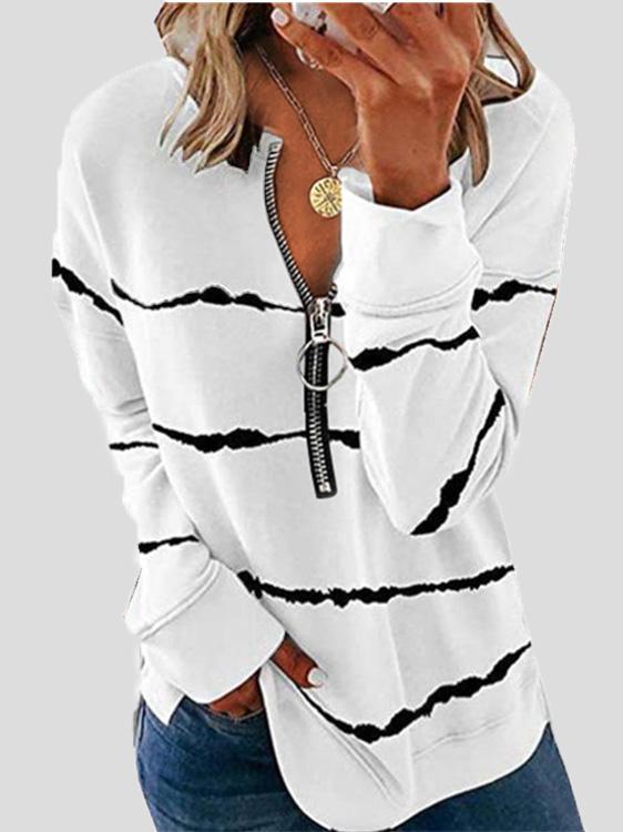 Women's T-Shirts Striped Zipper V-Neck Long Sleeve Loose T-Shirt