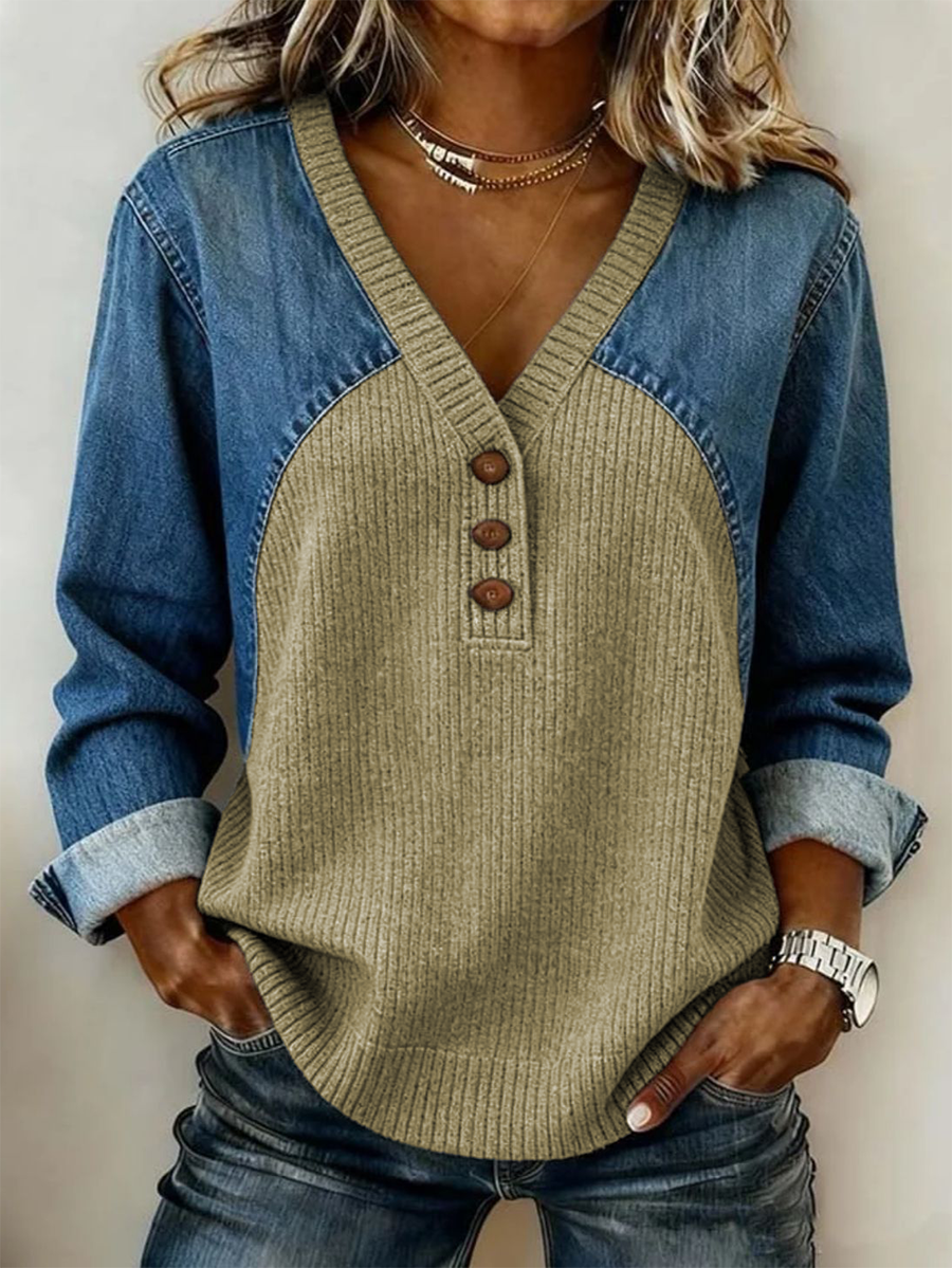 Women's Retro Casual Denim And Cotton Knit Sweater