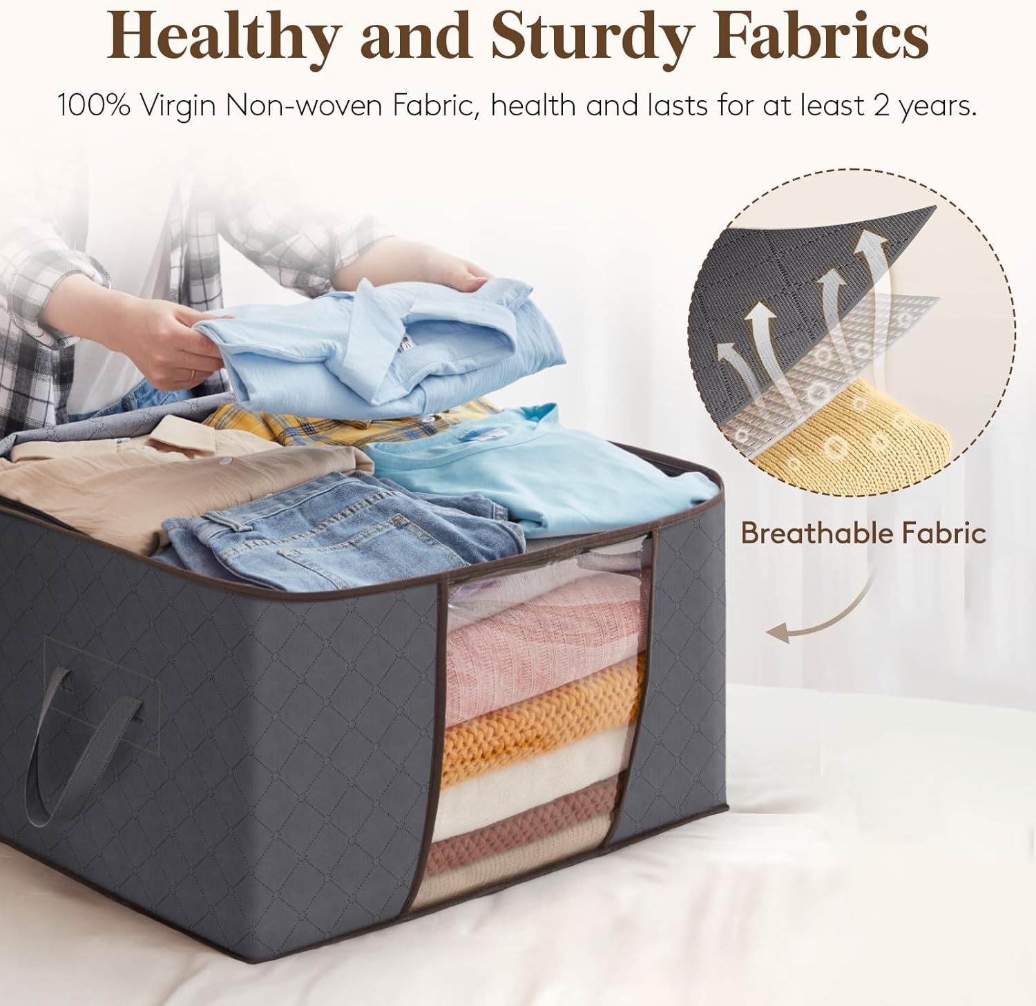 2 Pack 60L Clothes Storage Bins with Lids, Foldable Blanket Storage Bags with Zippers, Clear Window and Reinforced Handles, Closet and Organization for Clothing, Sweater, Comforter, Bedding