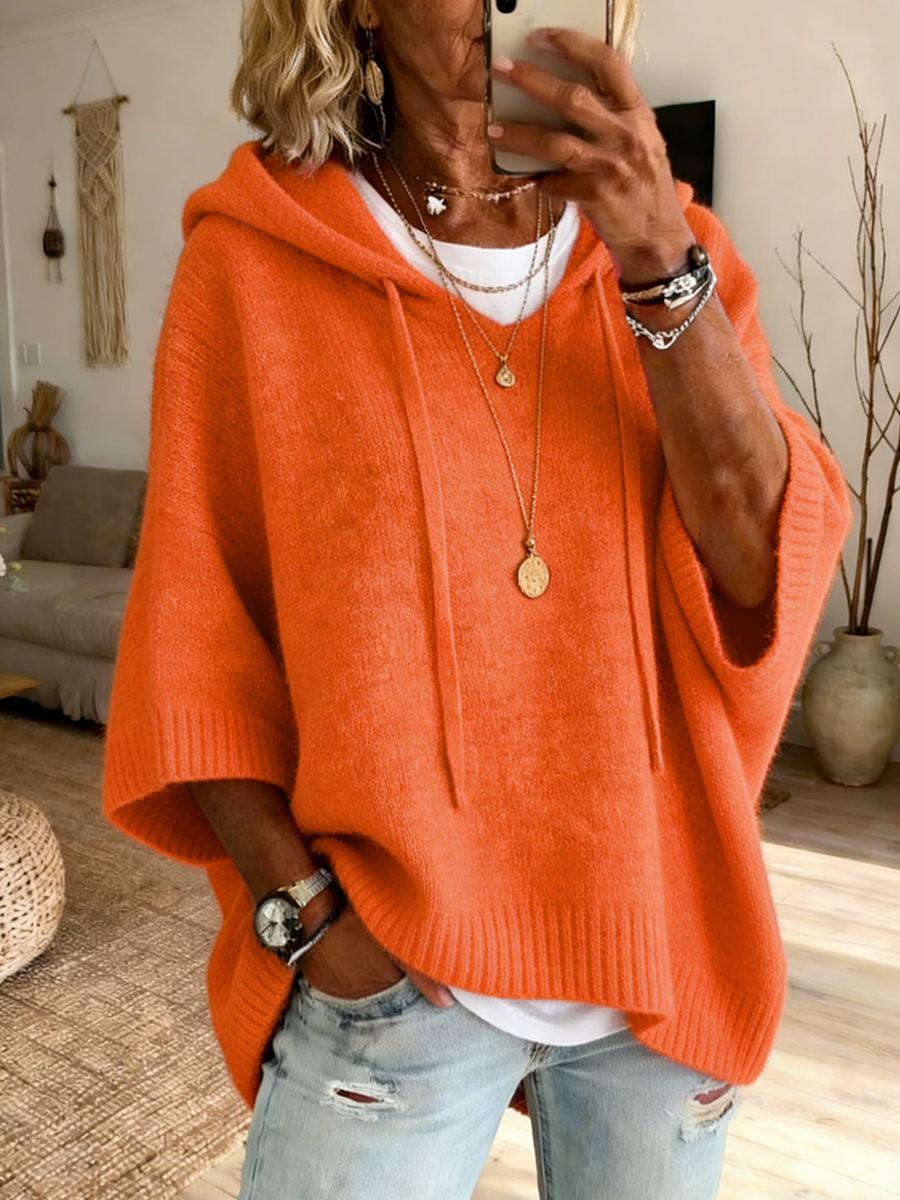 Women's Comfortable Drawstring Hooded Loose Knit Sweater