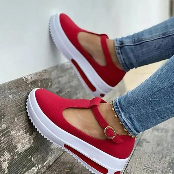 Women Summer Retro Buckle Round Head Wedge Platform Slip-On Sandals So