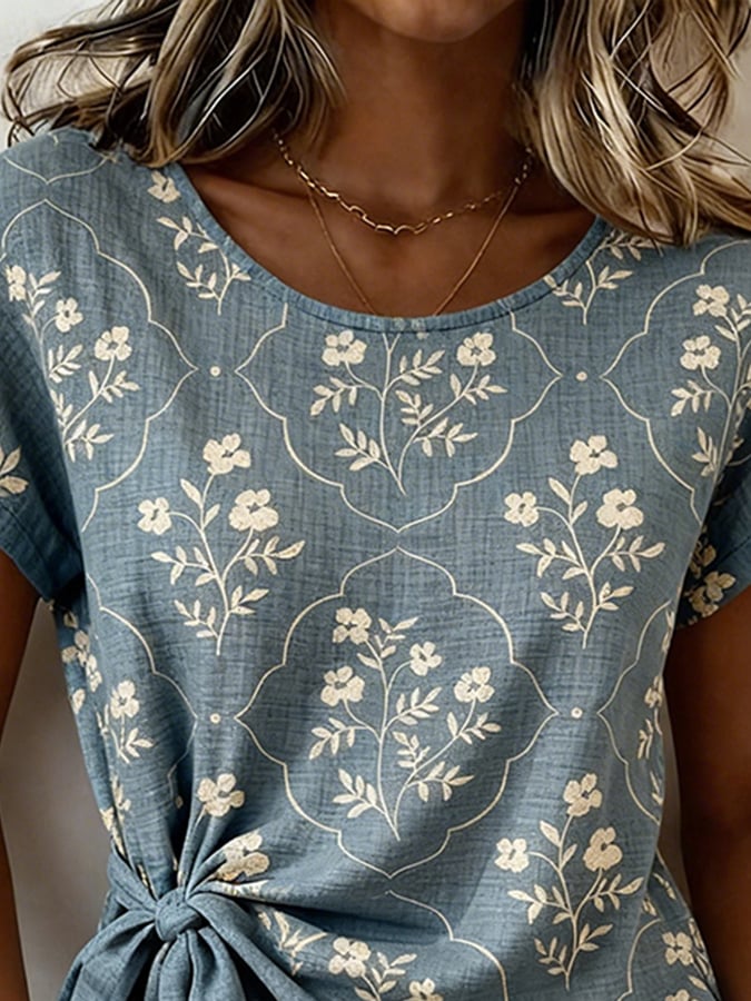 Women's Casual Round-Neck Printed Cotton-Linen Top