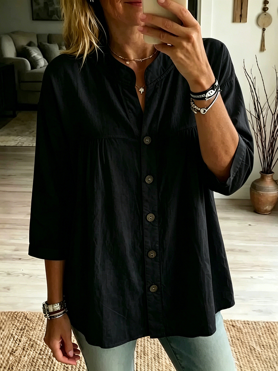 Women's Henley Collar 3/4 Sleeves Cotton-linen Shirt