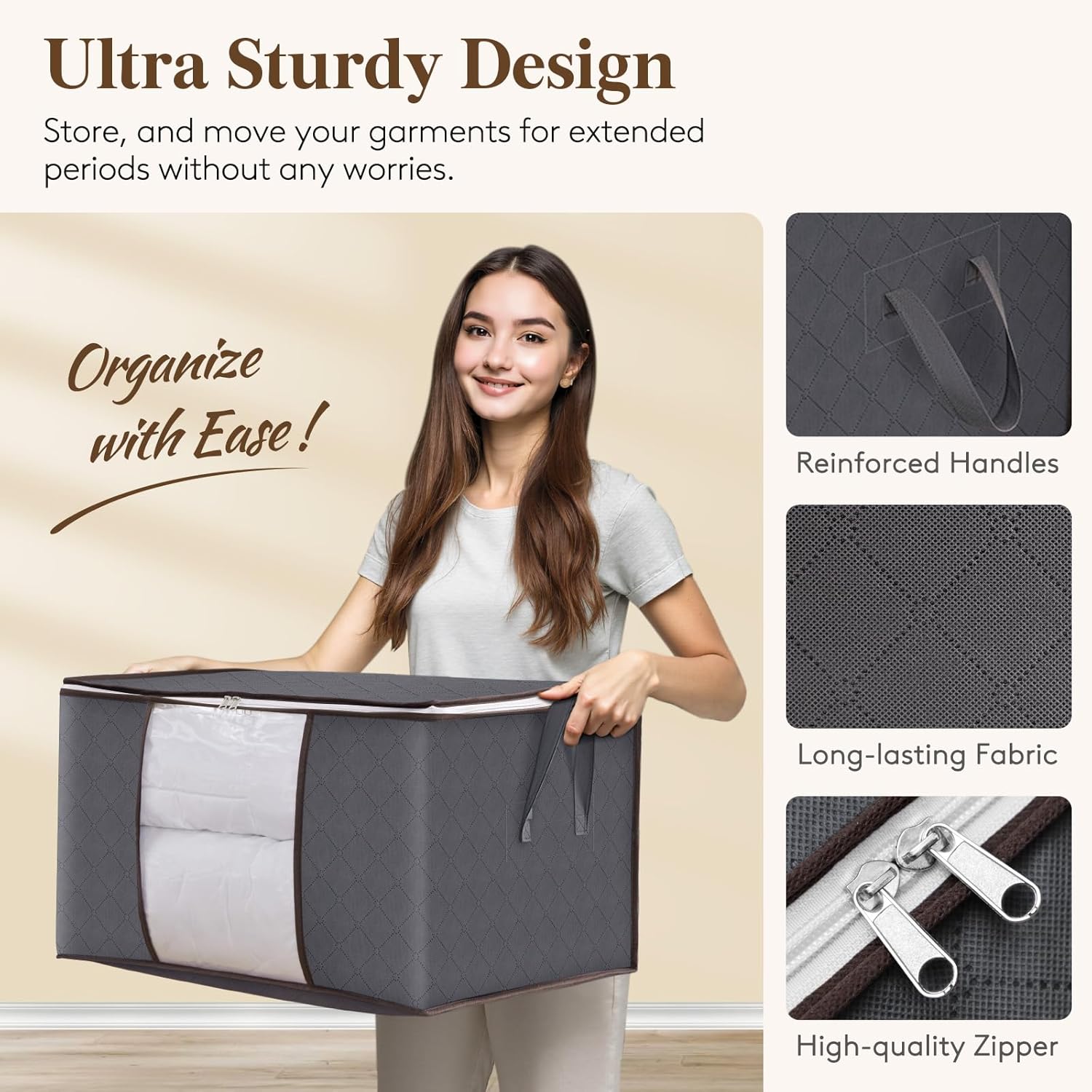 2 Pack 60L Clothes Storage Bins with Lids, Foldable Blanket Storage Bags with Zippers, Clear Window and Reinforced Handles, Closet and Organization for Clothing, Sweater, Comforter, Bedding