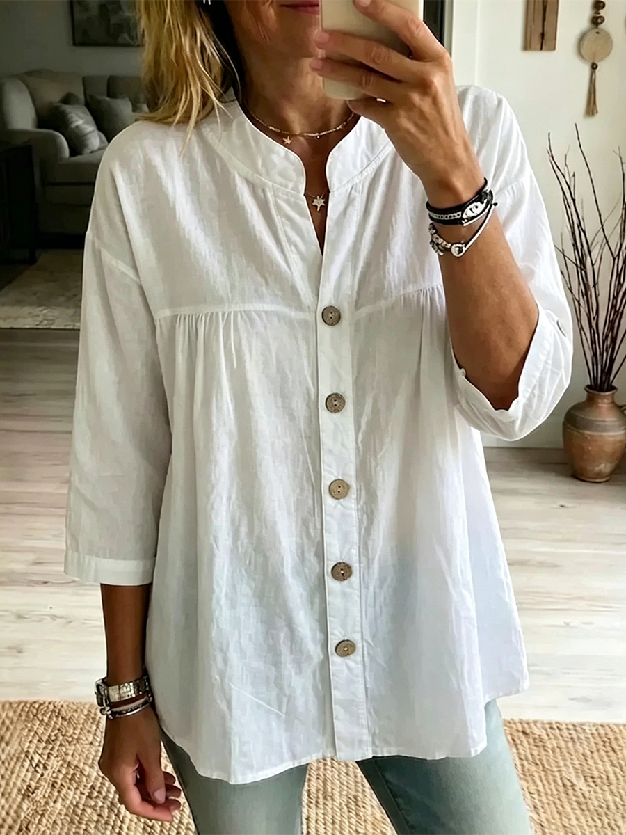 Women's Henley Collar 3/4 Sleeves Cotton-linen Shirt