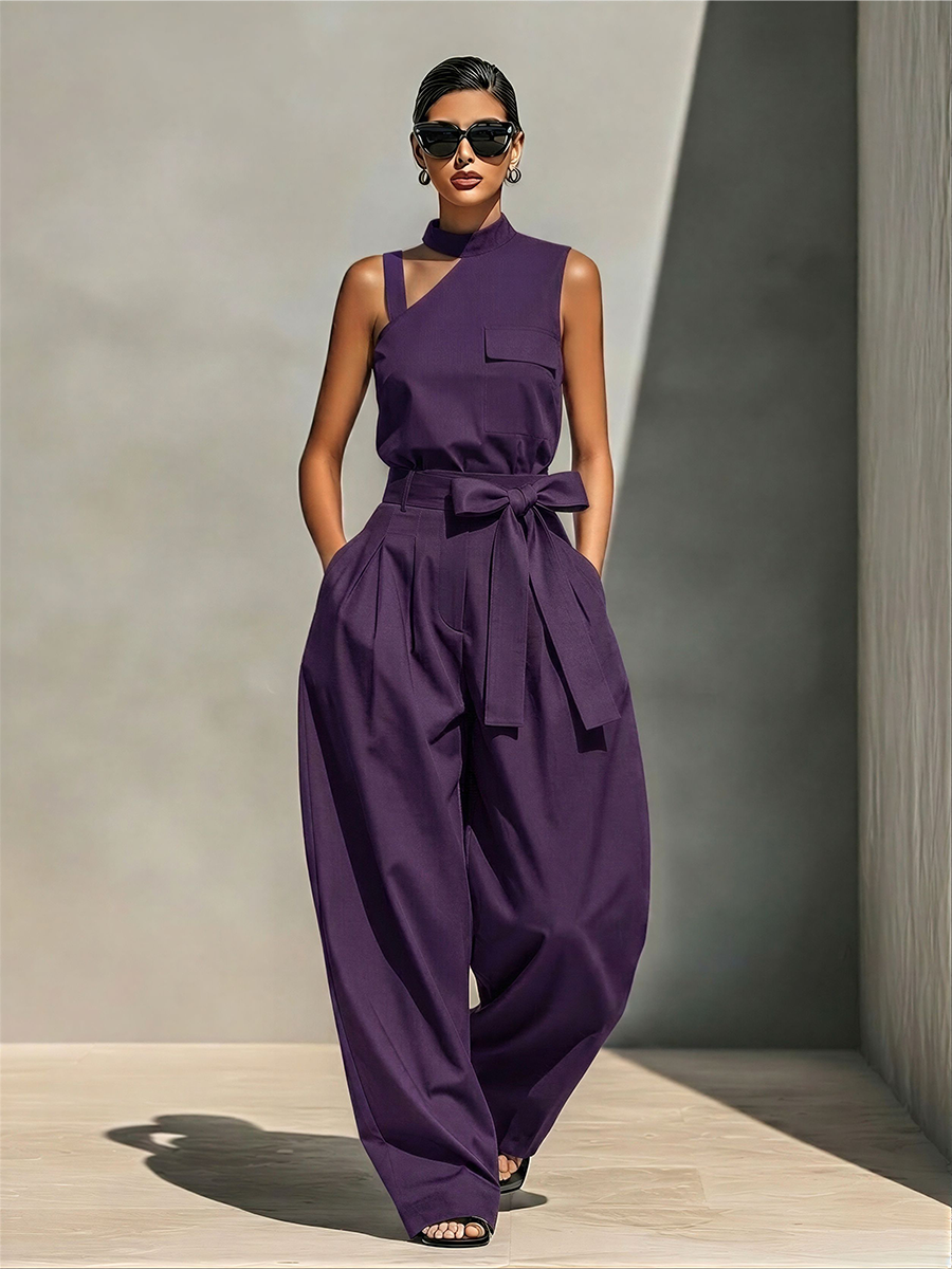 Women's Purple Cotton-Blend Asymmetrical Jumpsuit With Cutout Top & Bow Belt Wide Leg, Timeless Modern Streetwear Jumpsuit