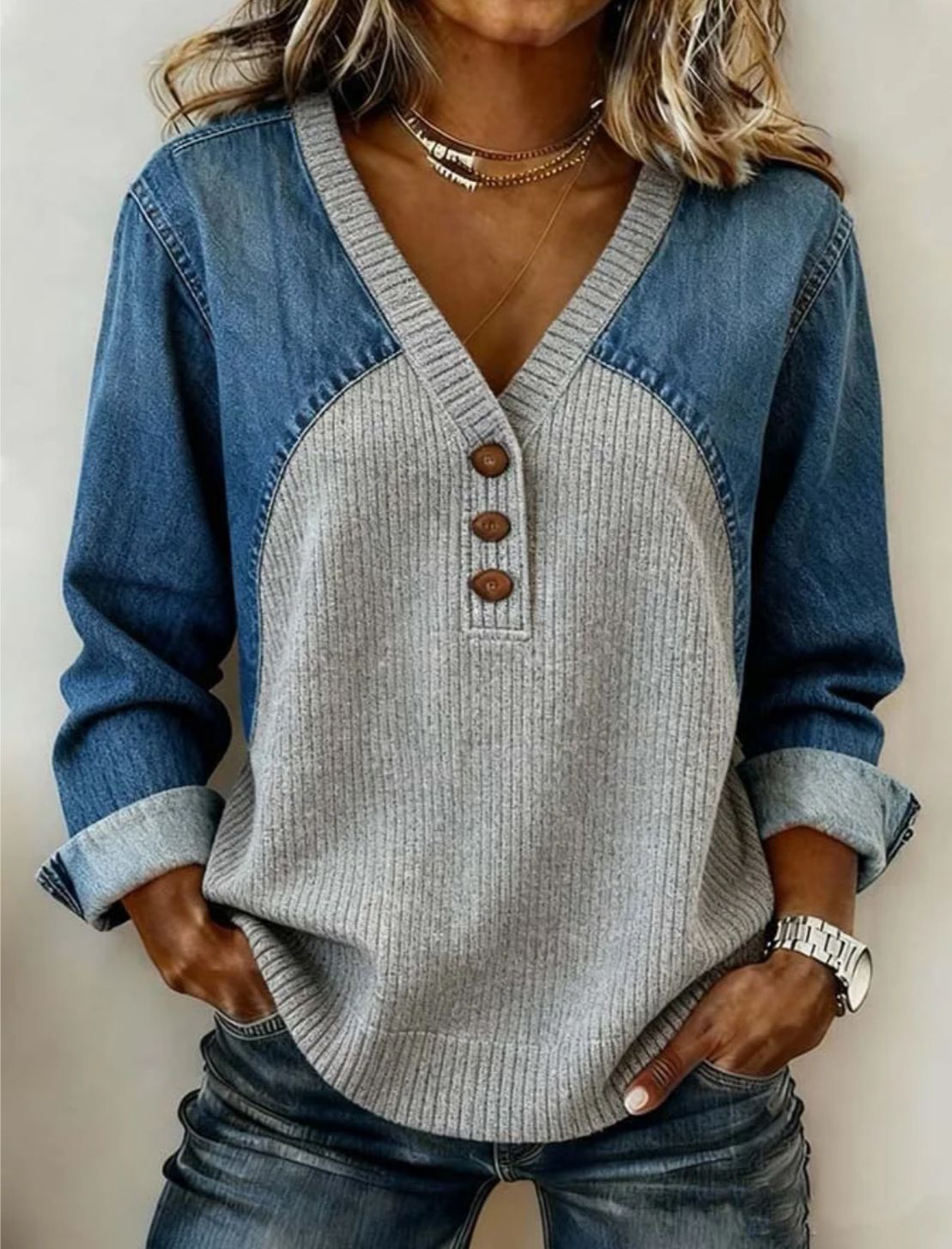 Women's Retro Casual Denim And Cotton Knit Sweater