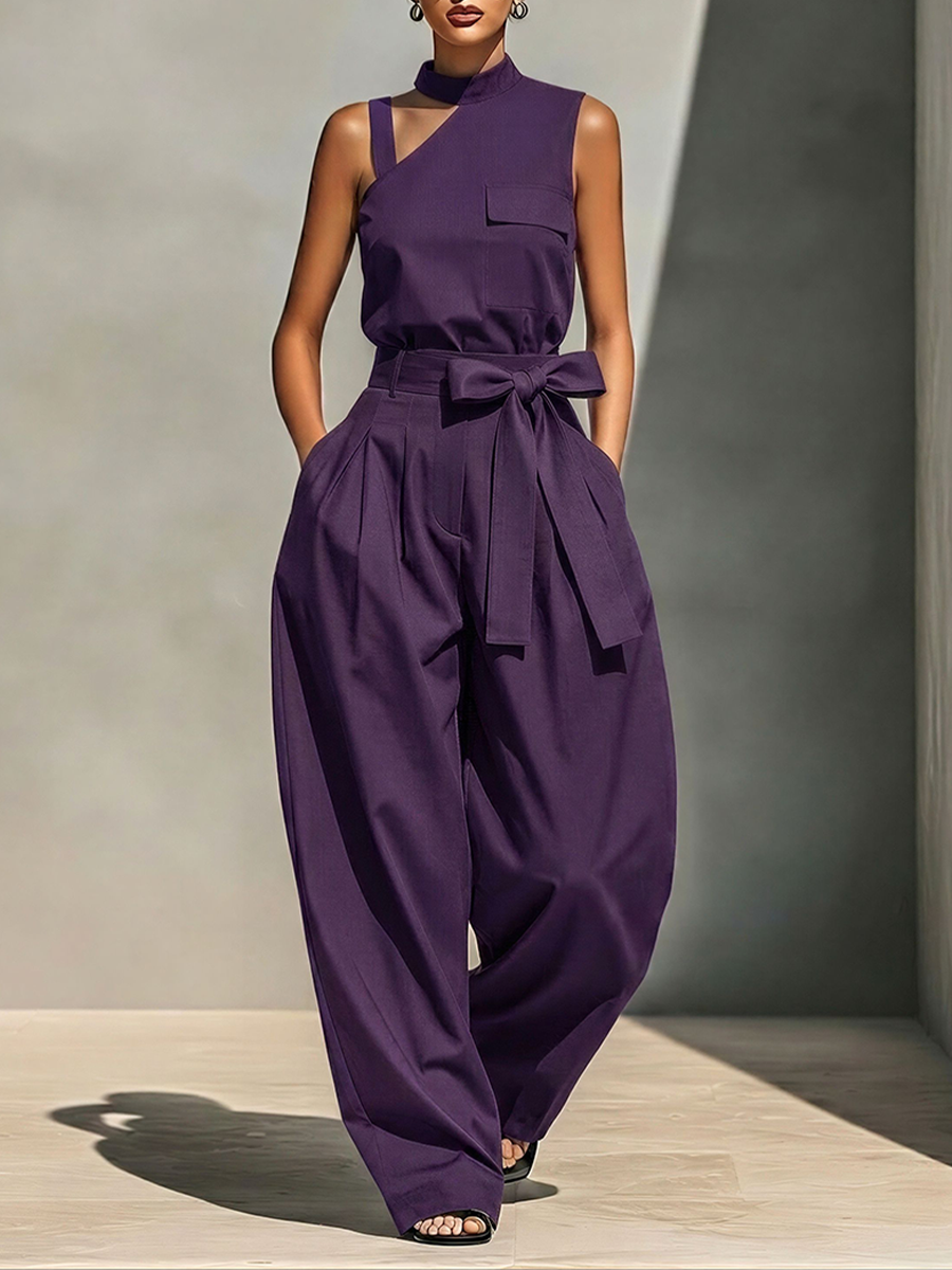 Women's Purple Cotton-Blend Asymmetrical Jumpsuit With Cutout Top & Bow Belt Wide Leg, Timeless Modern Streetwear Jumpsuit