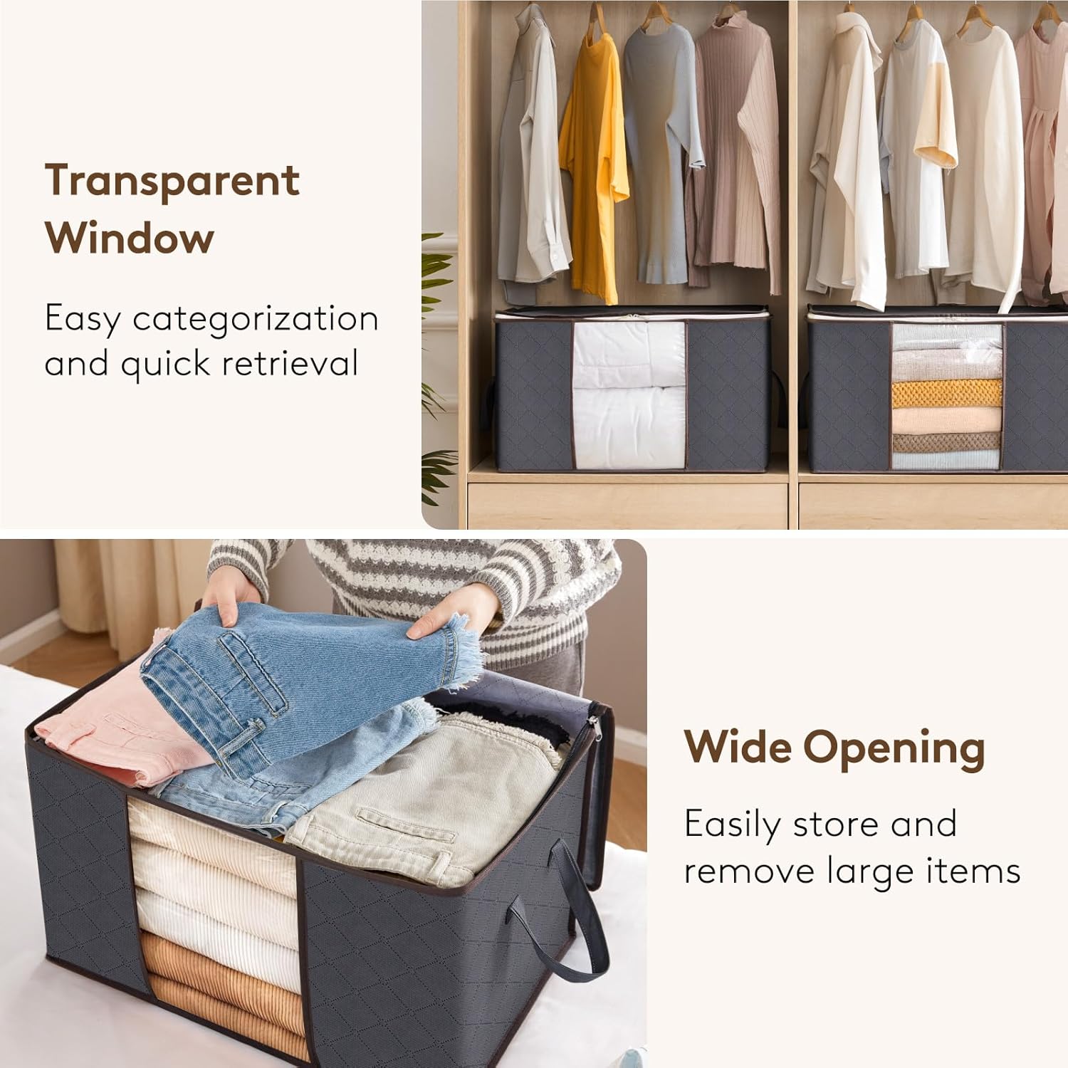 2 Pack 60L Clothes Storage Bins with Lids, Foldable Blanket Storage Bags with Zippers, Clear Window and Reinforced Handles, Closet and Organization for Clothing, Sweater, Comforter, Bedding