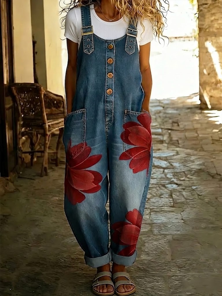 Women's Casual Brushstroke Floral Print Denim Jumpsuit With Adjustable Buckle