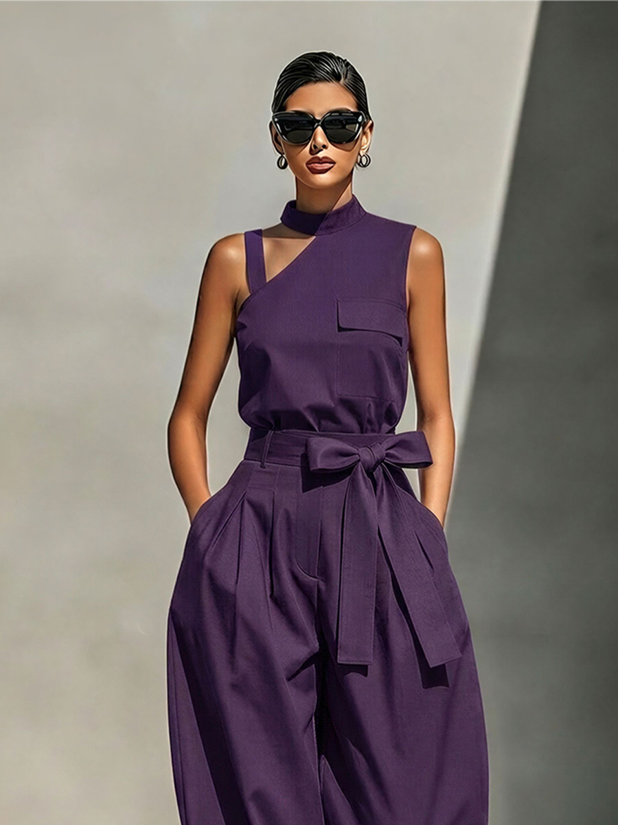 Women's Purple Cotton-Blend Asymmetrical Jumpsuit With Cutout Top & Bow Belt Wide Leg, Timeless Modern Streetwear Jumpsuit
