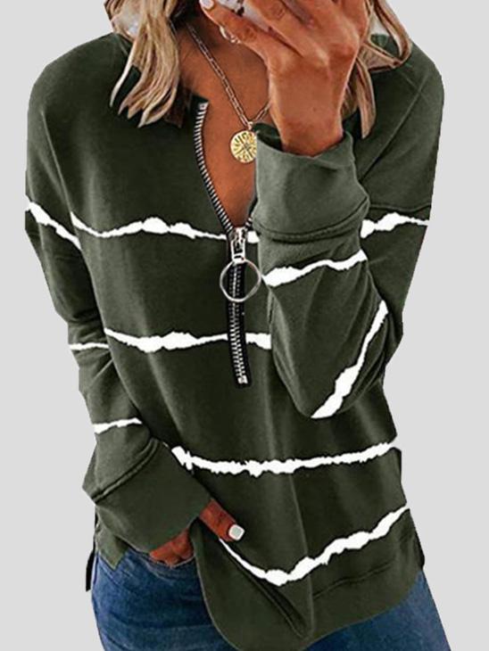 Women's T-Shirts Striped Zipper V-Neck Long Sleeve Loose T-Shirt