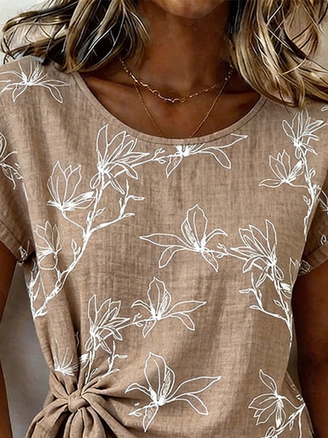 Women's Casual Round-Neck Printed Cotton-Linen Top