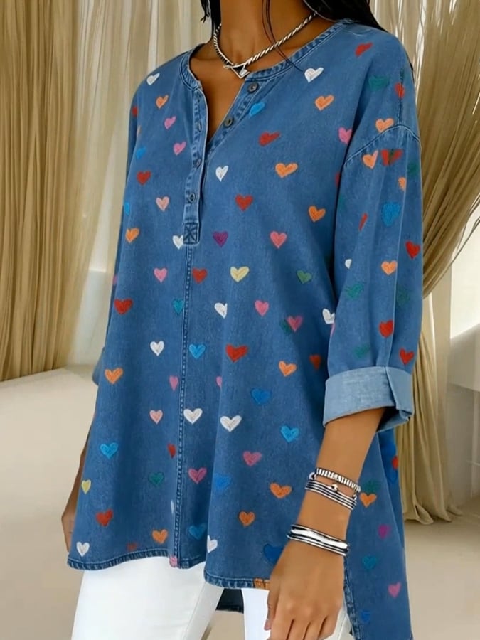 Women'S Casual Color-Block Top With Heart Print And Patchwork Design