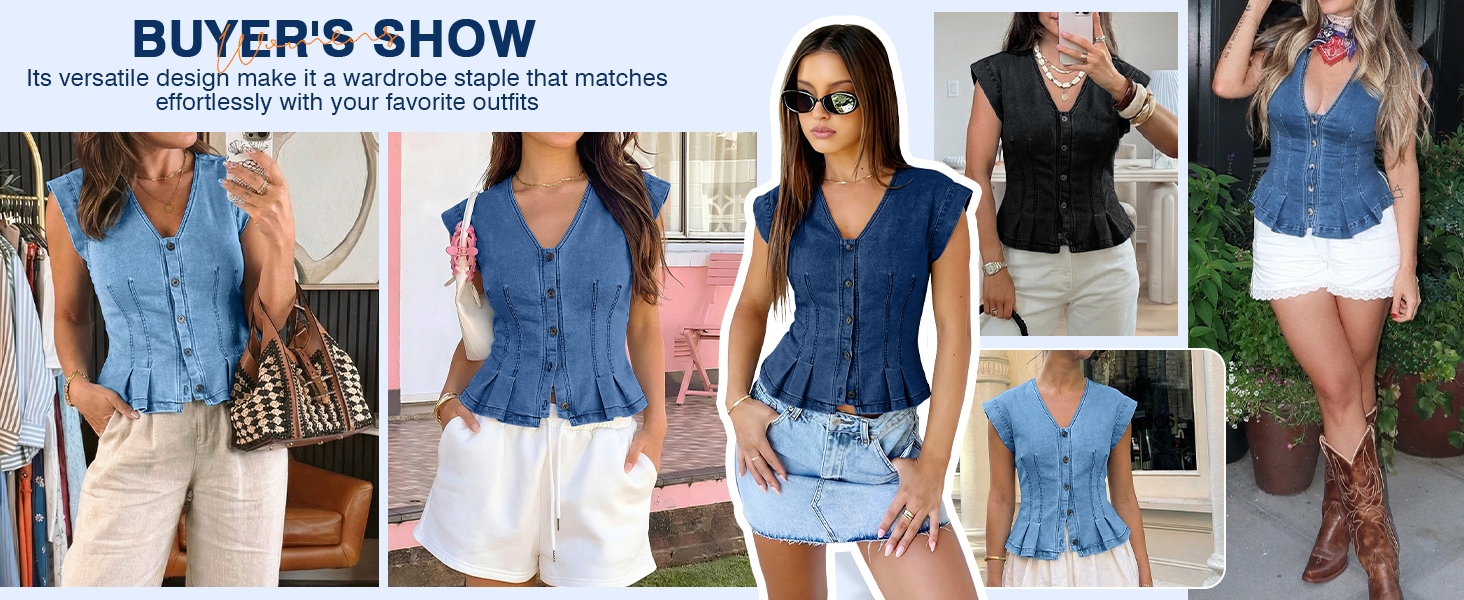 Womens V Neck Denim Vests Tops Trendy Summer Button Down Jean Tank Tops Y2k Fitted Shirts