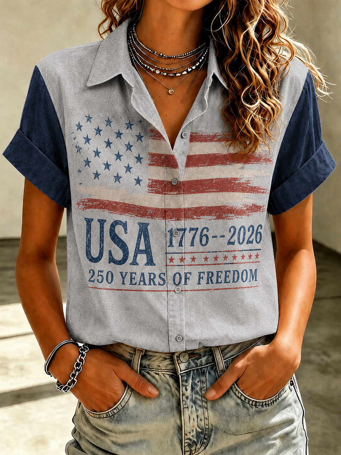 Women'S Casual American Flag 250Th Anniversary Celebration Floral Embroidery Printed Lapel Shirt