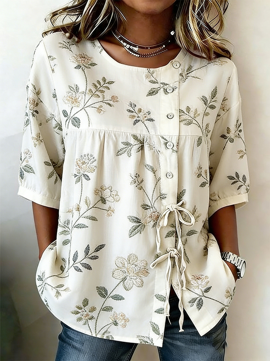 Women's Plants And Flowers Buttoned And Linen Blend Shirt