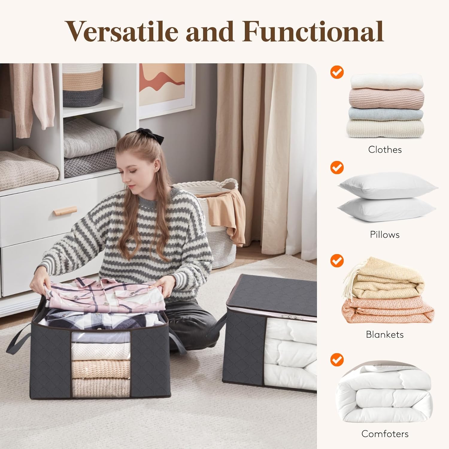 2 Pack 60L Clothes Storage Bins with Lids, Foldable Blanket Storage Bags with Zippers, Clear Window and Reinforced Handles, Closet and Organization for Clothing, Sweater, Comforter, Bedding
