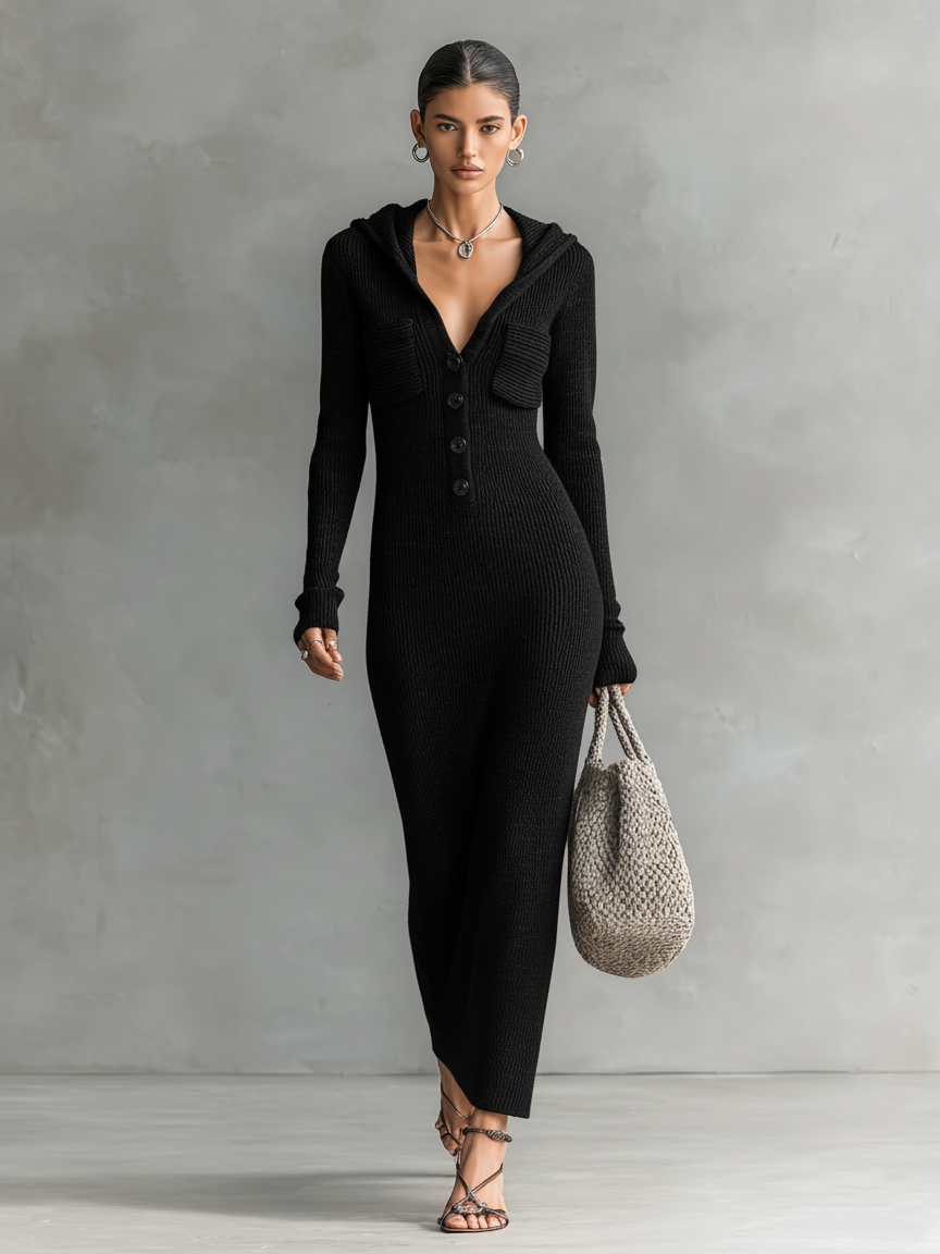 Women's Slim-fit Hooded Knitted Maxi Dress