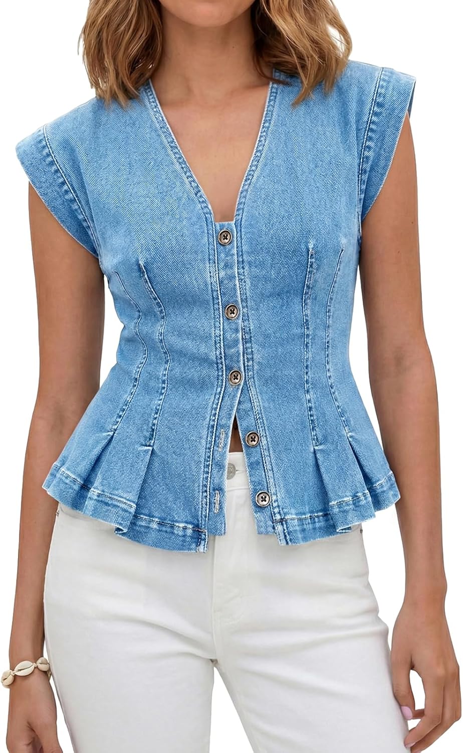 Womens V Neck Denim Vests Tops Trendy Summer Casual Button Down Fitted Pleated Sleeveless Jean Tops