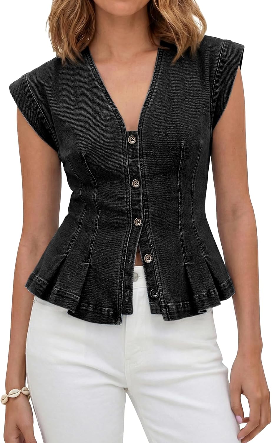 Womens V Neck Denim Vests Tops Trendy Summer Casual Button Down Fitted Pleated Sleeveless Jean Tops