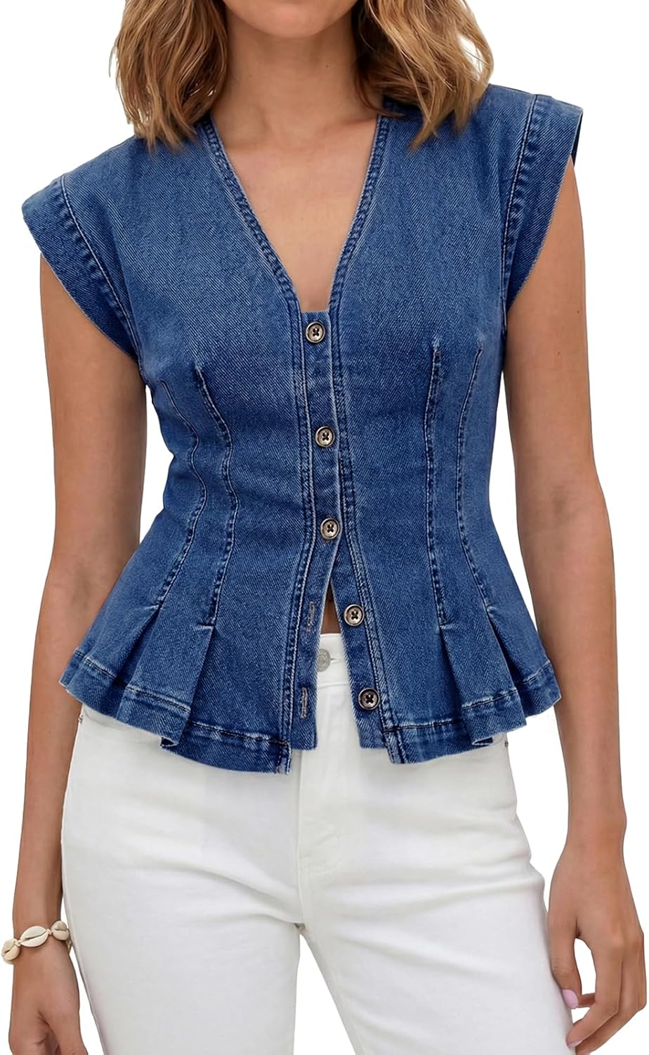 Womens V Neck Denim Vests Tops Trendy Summer Casual Button Down Fitted Pleated Sleeveless Jean Tops