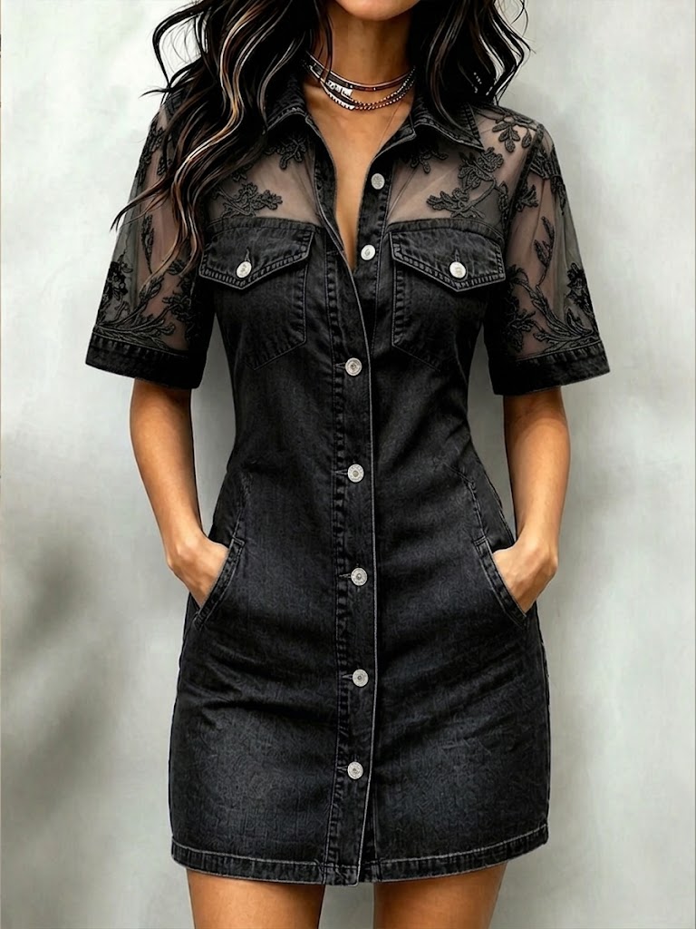 Stylish Casual Spliced ​​lace Denim Mini Dress