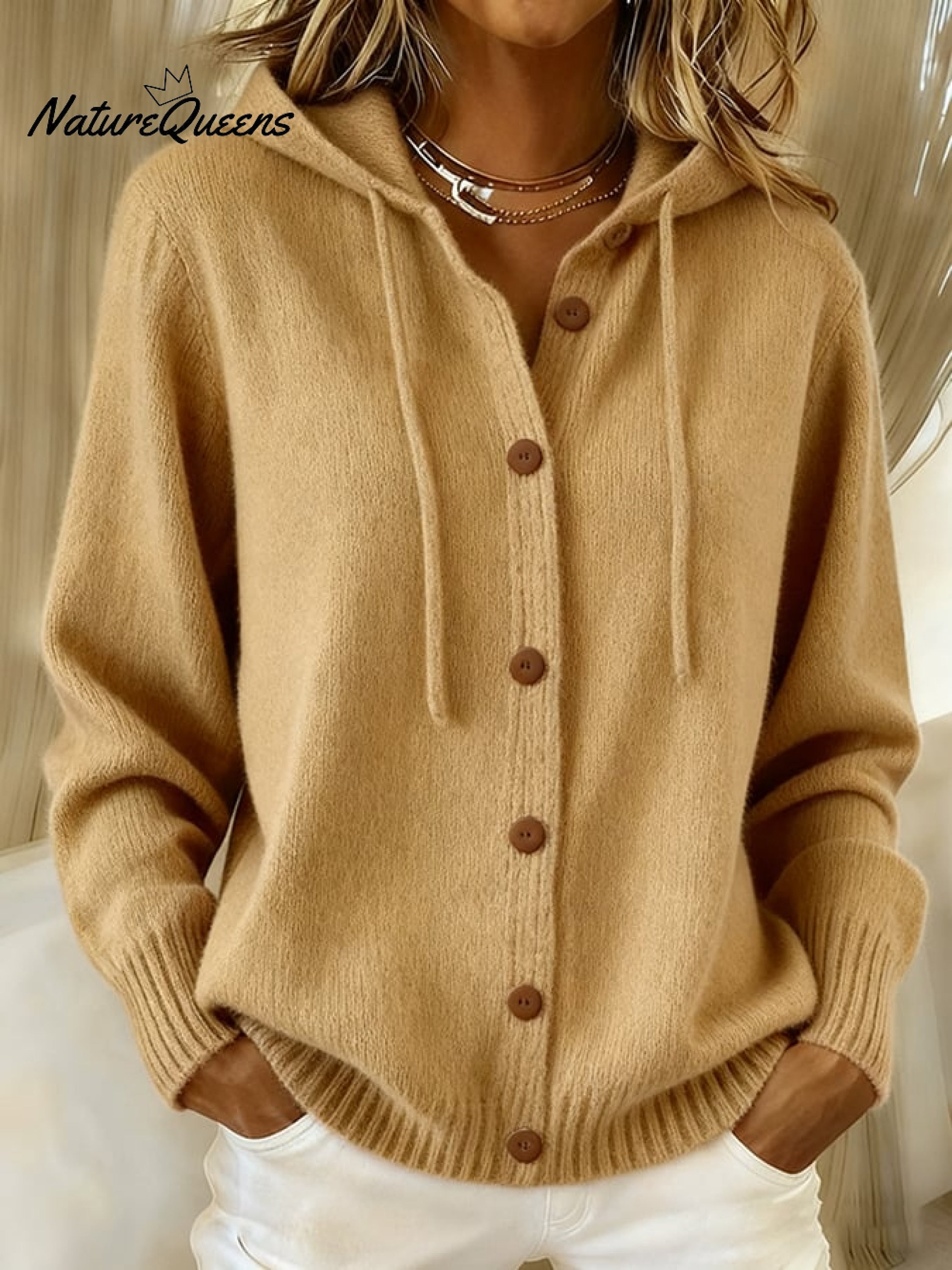 Women's Casual Retro Solid Color Knitted Hooded Cardigan