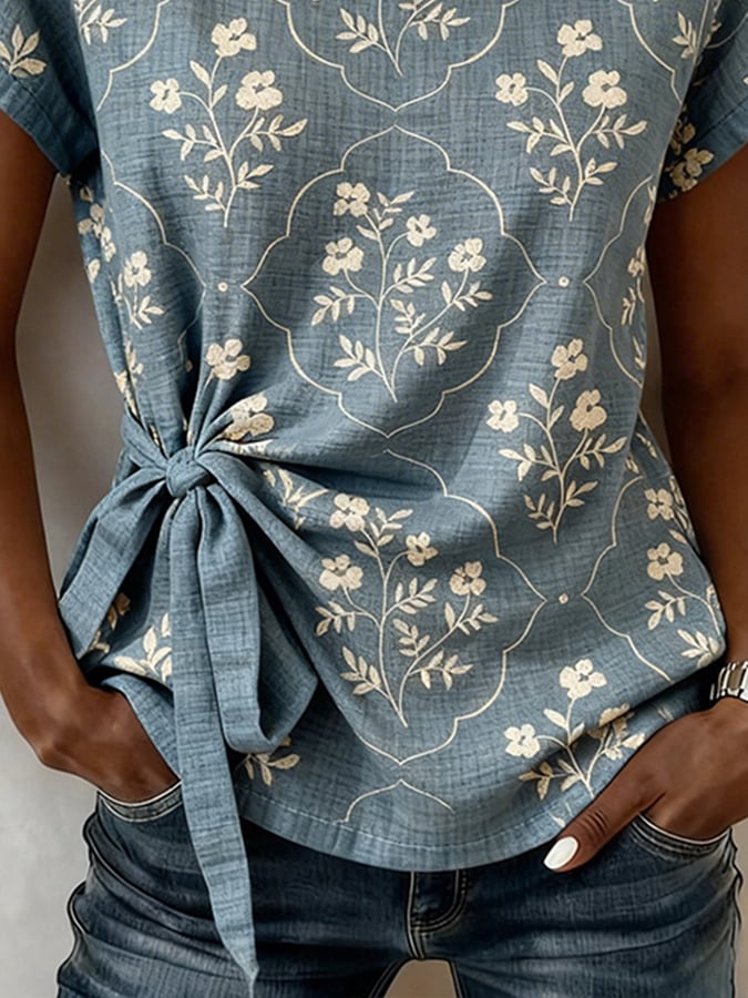 Women's Casual Round-Neck Printed Cotton-Linen Top